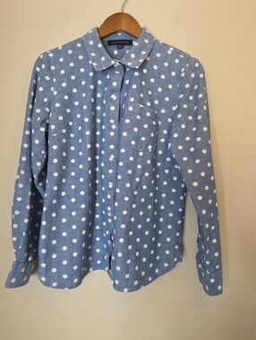 Tommy Hilfiger Chambray Polka Dot Top Womens Size Medium Blue White Button Down